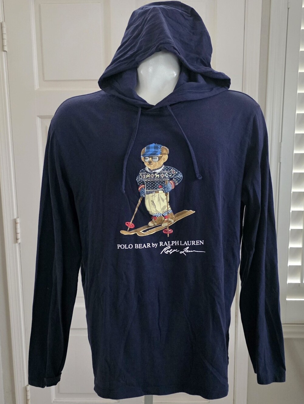 Polo Ralph Lauren Mens Navy Fair Isle Ski Bear Hoodie Tee longsleeve Shirt Large